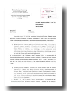 Pismo Oddziału Instytutu Pamięci Narodowej - Komisji Ścigania Zbrodni przeciwko Narodowi Polskiemu w Lublinie