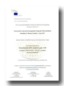 Zaproszenie na uroczystość wręczenia Europejskiej Nagrody Obywatelskiej Ośrodkowi "Brama Grodzka - Teatr NN"