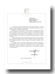 List gratulacyjny od Prezydenta Miasta Lublina dr Krzysztofa Żuka