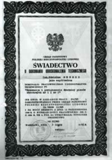 Świadectwo o dokonaniu udoskonalenia technicznego inż. Zdzisław Benesz