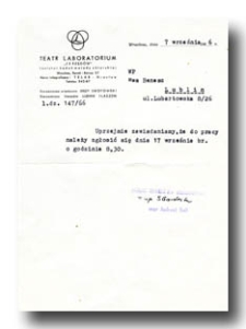 Zawiadomienie z Teatru Laboratorium