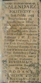 Strona tytułowa "Kalendarza politycznego na rok pański 1758"