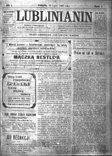 Pierwsza strona &bdquo;Lublinianina&rdquo;, Lublin 21.07.1907.