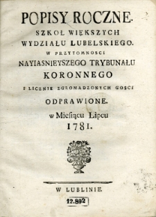 Karta tytułowa "Popisy roczne Szkoł Większych Wydziału Lubelskiego"