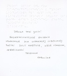 Życzenia urodzinowe dla Julii Hartwig pisane brajlem
