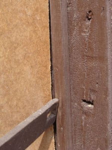 A trace of a mezuzah on the door frame in Kraśnik