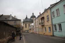 A street leading to the Collegiate Church of St Lawrence in Zhovkva