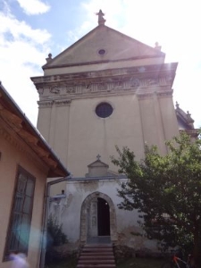 The facade of the Collegiate Church of St Lawrence in Zhovkva
