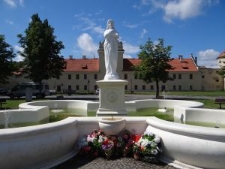 A fountain with the statue of Virgin Mary in front of the Zhovkva Castle