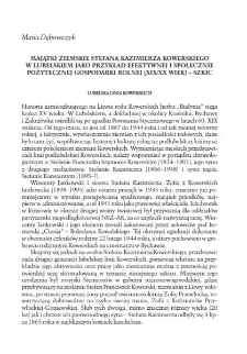 Majątki ziemskie Stefana Kazimierza Kowerskiego w Lubelskiem jako przykład efektywnej i społecznie pożytecznej gospodarki rolnej (XIX/XX wiek)
