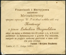 Zaproszenie na ślub Konstancji z Mroczkowskich oraz Ludwika Drzymulskiego