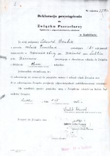 Deklaracja przystąpienia rolnika pszczelarza Edwarda Drabika do Sp&oacute;łdzielni Związek Pszczelarzy w Lublinie, 1 lipca 1942