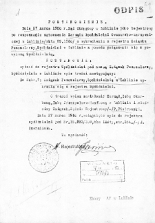 Postanowienie Sądu Okręgowego w Lublinie z dnia 27 marca 1950 roku o wykreśleniu z rejestru Spółdzielni Związek Pszczelarzy w Lublinie