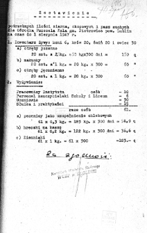 Zapotrzebowania z września 1946 roku na produkty żywnościowe dla personelu i pasze dla inwentarza w Ośrodku Pszczela Wola
