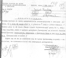 Pismo-Zaświadczenie Wojewódzkiej Komisji do spraw upaństwowienia przedsiębiorstw w Lublinie z 7 lipca 1947 do Związku Pszczelarzy w sprawie przejęcia na własność Państwa Miodosytni, Klarowni i Wytwórni Węzy