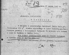 Pismo Związku Pszczelarzy w Lublinie z 27 marca 1946 roku w sprawie wyznaczenia furmanek do wywózki drewna do Żabiej Woli