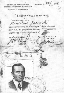 Legitymacja Stanisława Jasińskiego z Centralnego Towarzystwa Organizacji i Kółek Rolniczych na rok 1938 rok