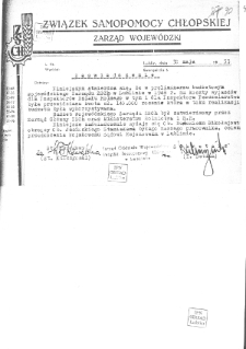Zaświadczenie Związku Samopomocy Chłopskiej w Lublinie z 30 maja 1953 roku dla obrońcy Stanisława Jasińskiego