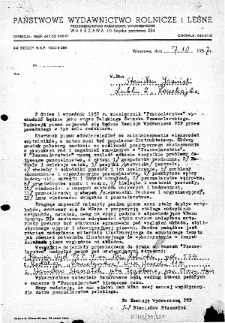 Pismo Państwowego Wydawnictwa Rolniczego i Leśnego z 7 października 1957 do Stanisława Jasińskiego o wznowieniu z dniem 1 września 1957 miesięcznika „Pszczelarstwo”