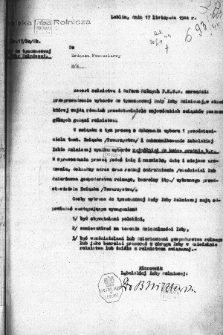 Pismo Lubelskiej Izby Rolniczej z dnia 17 listopada 1944 do Związku Pszczelarzy w sprawie przeprowadzenia wyborów do Rady Izby Rolniczej