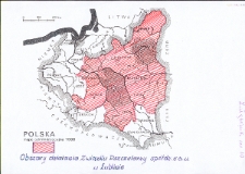 Mapa administracyjna II Rzeczpospolitej z 1938 roku z zaznaczonym obszarem działania Związku Pszczelarzy w Lublinie