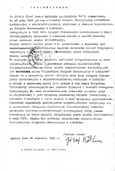 Oświadczenie notarialne Józefa Kołtuna z 18 stycznia 1993 roku o likwidacji w 1949 roku przez władze komunistyczne Związku Pszczelarzy