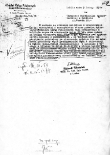 Pismo Wydziału Ksiąg Publicznych Sądu Powiatowego w Lublinie z 5 lutego 1959 roku w sprawie nieruchomości przy ulicy Hipotecznej 3