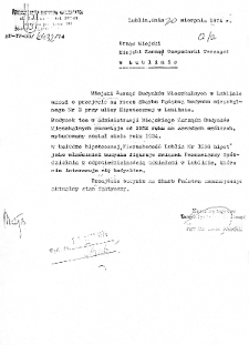 Pismo Miejskiego Zarządu Budynków Mieszkalnych w Lublinie z 20 sierpnia 1974 roku o przejęcie na Skarb państwa budynku Nr 3 przy ulicy Hipotecznej