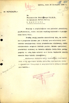 Pismo Stanisława Jasińskiego z Lubelskiej Izby Rolniczej z 24 listopada 1944 roku do Pełnomocnika Powiatowego PKWN do wykonania Reformy Rolnej w sprawie przydzielenia LIR gorzelni „Osmolice”