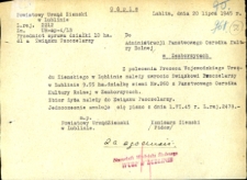 Pismo Powiatowego Urzędu Ziemskiego w Lublinie z dnia 20 lipca 1945 roku o poleceniu zwrotu dla Związku Pszczelarzy 9,55 hektarowej działki ziemi