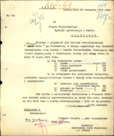 Pismo Lubelskiej Izby Rolniczej z dnia 20 sierpnia 1945 roku z prośbą o przydział ziarna i paszy dla Ośrodka Pszczela Wola