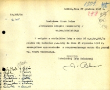 Pismo Lubelskiej Izby Rolniczej z dnia 27 grudnia 1945 roku do Powiatowych Związków Pszczelarzy z poleceniem nadesłania sprawozdania z rozprowadzonego cukru dla pszczół