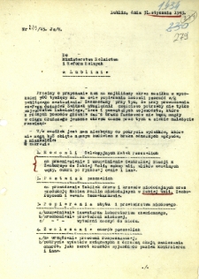 Pismo Lubelskiej Izby Rolniczej z dnia 31 stycznia 1945 roku do Ministerstwa Rolnictwa i Reform Rolnych o przyznanie zasiłku na cele popierania hodowli pszczół w województwie lubelskim