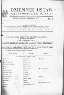 Dz.U. RP nr 8, Lublin z 21 października 1944 – na podstawie którego majątek Żabia Wola został upaństwowiony i przekazany na cele szkolnictwa