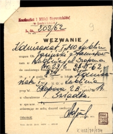 Wezwanie Stanisława Jasińskiego do Komisariatu I Milicji Obywatelskiej w Lublinie na dzień 27 stycznia 1962 roku w charakterze świadka