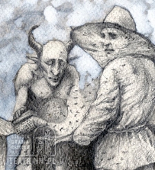 Diabeł pasiecznik pomagający pszczelarzowi