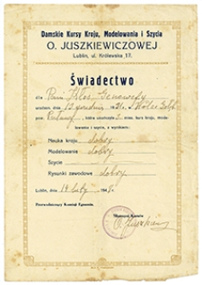 Świadectwo ukończenia kursu krawieckiego przez Genowefę Kłos