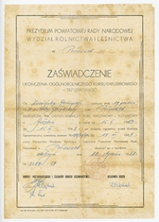 Zaświadczenie ukończenia og&oacute;lnorolniczego kursu dwuzimowego&ndash;trzyzimowego przez Genowefę Zamojską